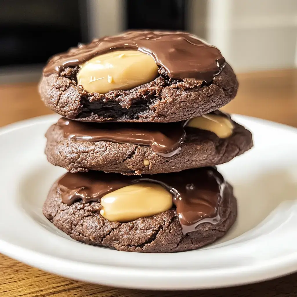 Three chocolatey cookies with shiny chocolate on top and ribbons of peanut butter, stacked on a plate with a cozy look.