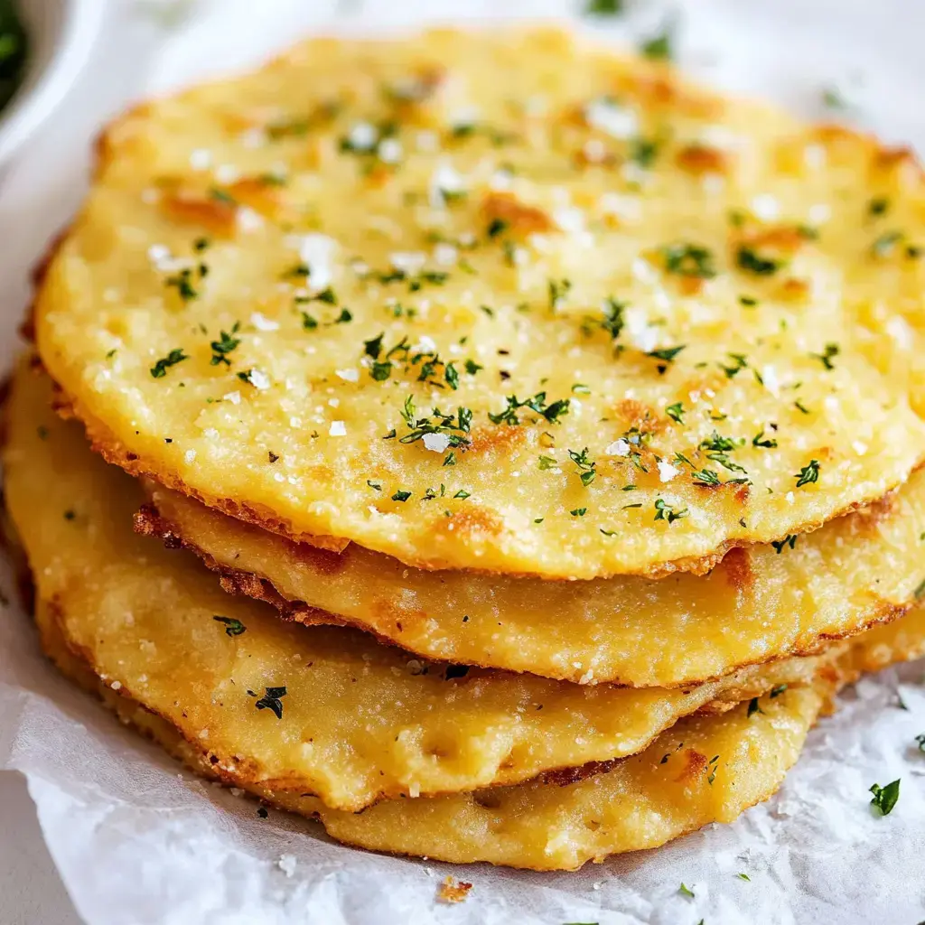 Several golden, crunchy flatbreads with herb flecks and salt crystals stacked on parchment paper.