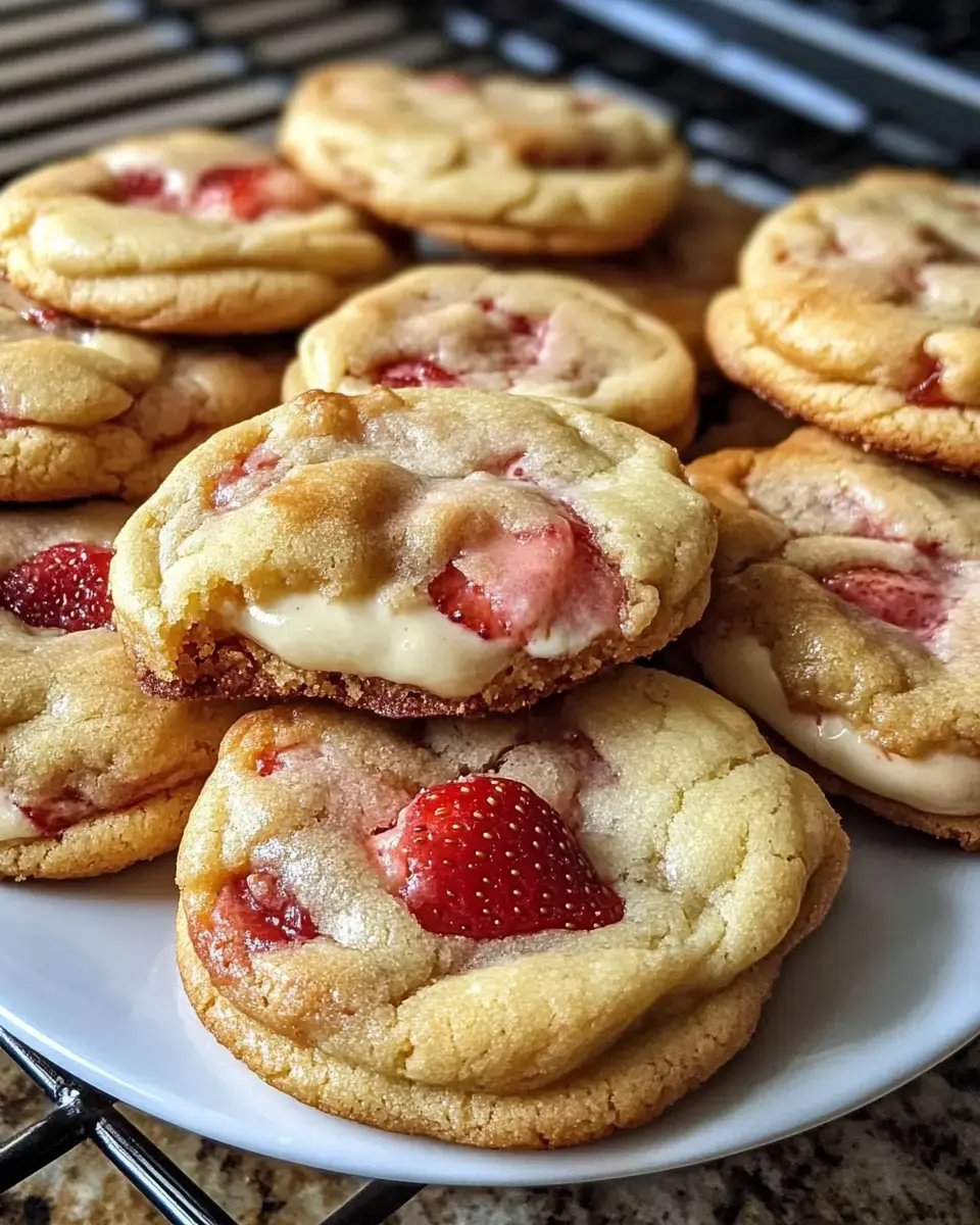 A stack of cookies bursting with strawberries and fluffy filling, showing off a golden crust and super tender inside.