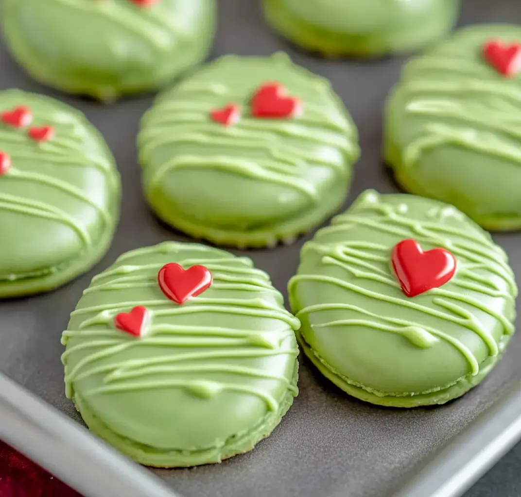 A tray of green macarons topped with little red hearts and a drizzle of green icing, perfect for a holiday table.