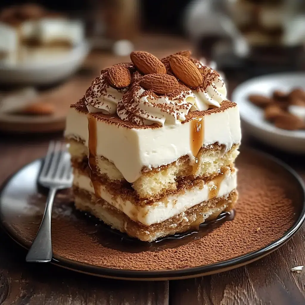 Layers of airy cream, coffee-soaked cake, and toasted nuts with caramel, all served on a black plate.
