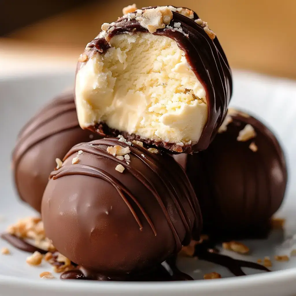 A zoomed-in shot of chocolate-coated sweet balls, with one bitten showing the smooth inside, topped with crushed nut pieces.