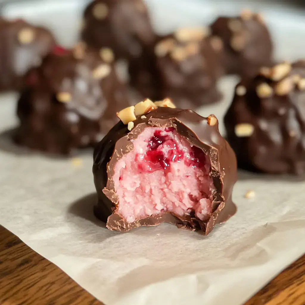 Close-up of a cut-open chocolate shell treat brimming with pink creamy filling and jam, next to more of the same candies.