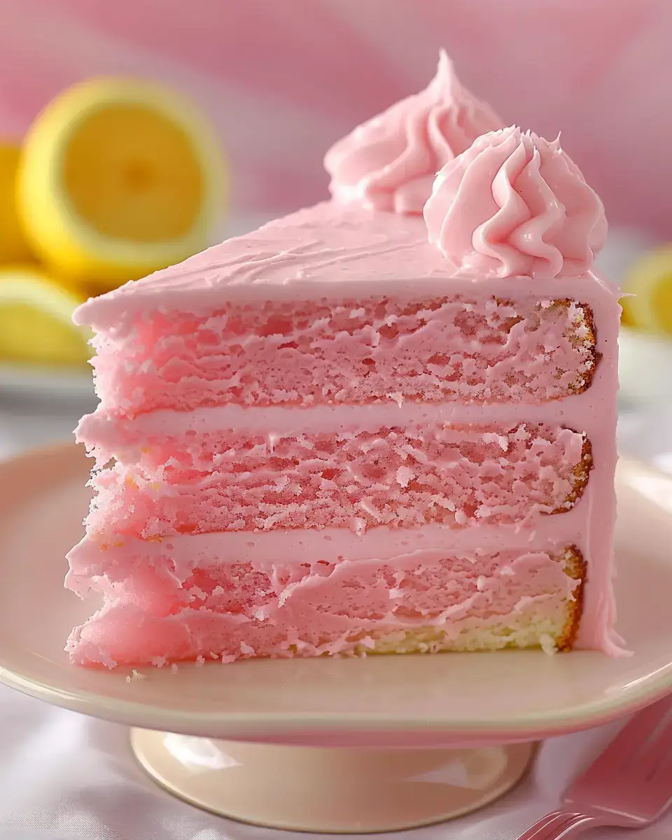 On a plate there's a slice of pink-iced layer cake with fluffy sponge, plus some lemons in the background for a sunny vibe.