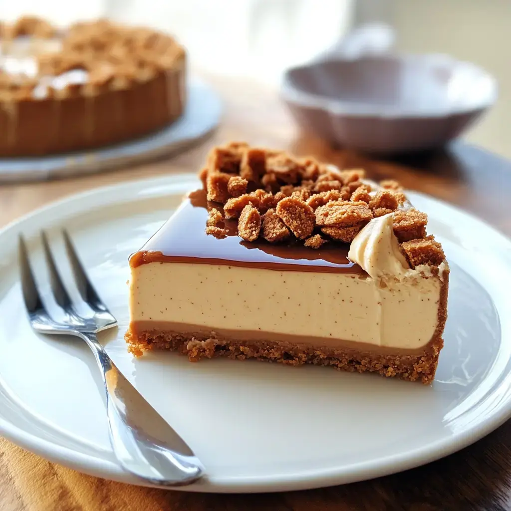 There’s a thick, creamy slice with cookie bits and shiny caramel on top, sitting on a white plate next to a fork. Behind it, the whole cake is just blurry enough to tease.