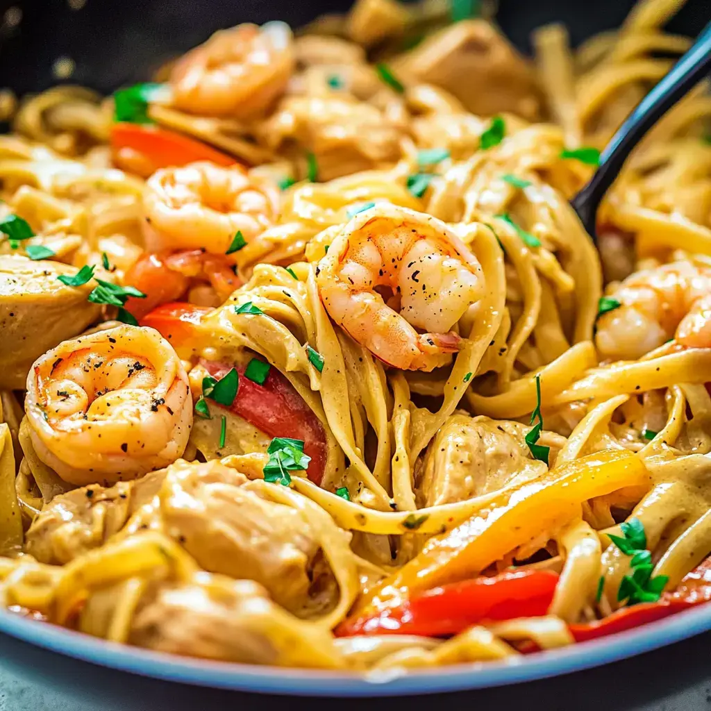 A tempting closeup of velvety pasta loaded with plump shrimp, tender chicken pieces, and bright peppers, topped with fresh parsley.