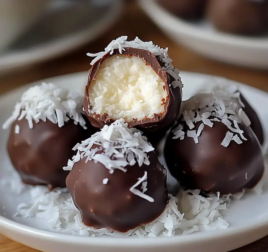 Chocolate-dipped coconut treats on a plate, one split open to show the soft coconut inside and topped with shredded coconut.