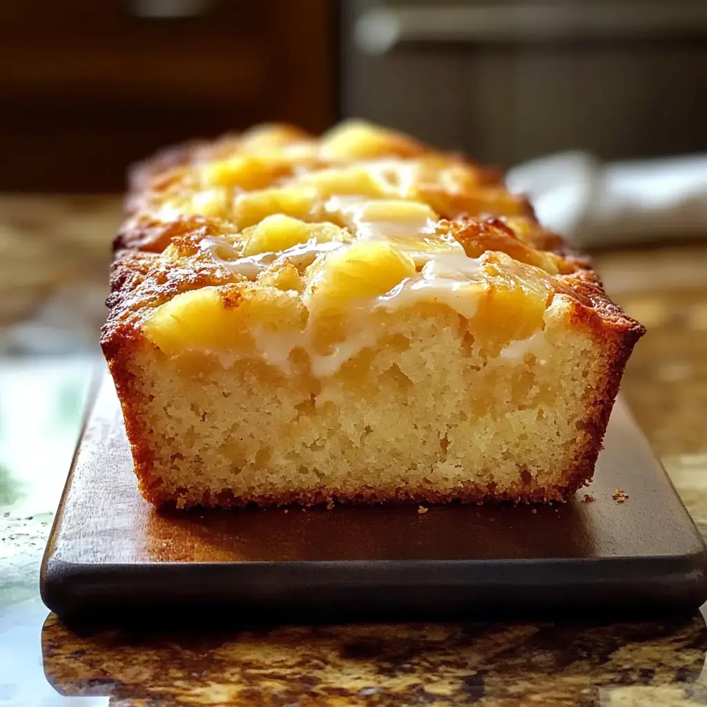 This golden loaf, covered in chunks of pineapple and sugary glaze, rests on a wooden board ready to slice.