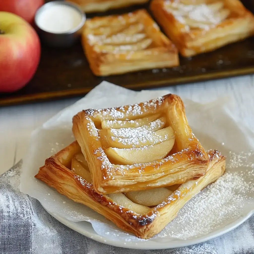 A dessert plate featuring crispy pastry squares filled with caramelized apples, sprinkled with confectioners' sugar, served with fresh apple slices and a small pot of cream.