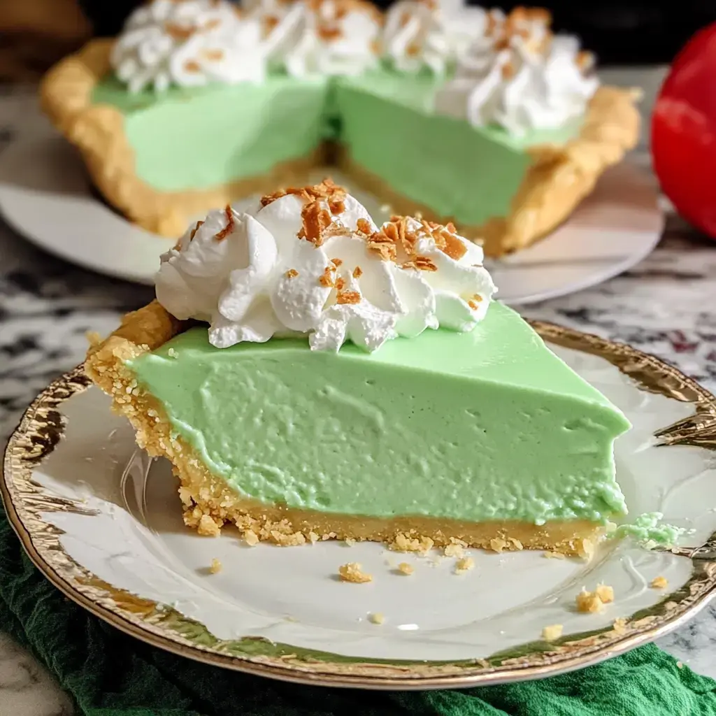 Whipped cream and crunchy nuts top a green slice on a pretty plate, with the rest of the pie in the back.
