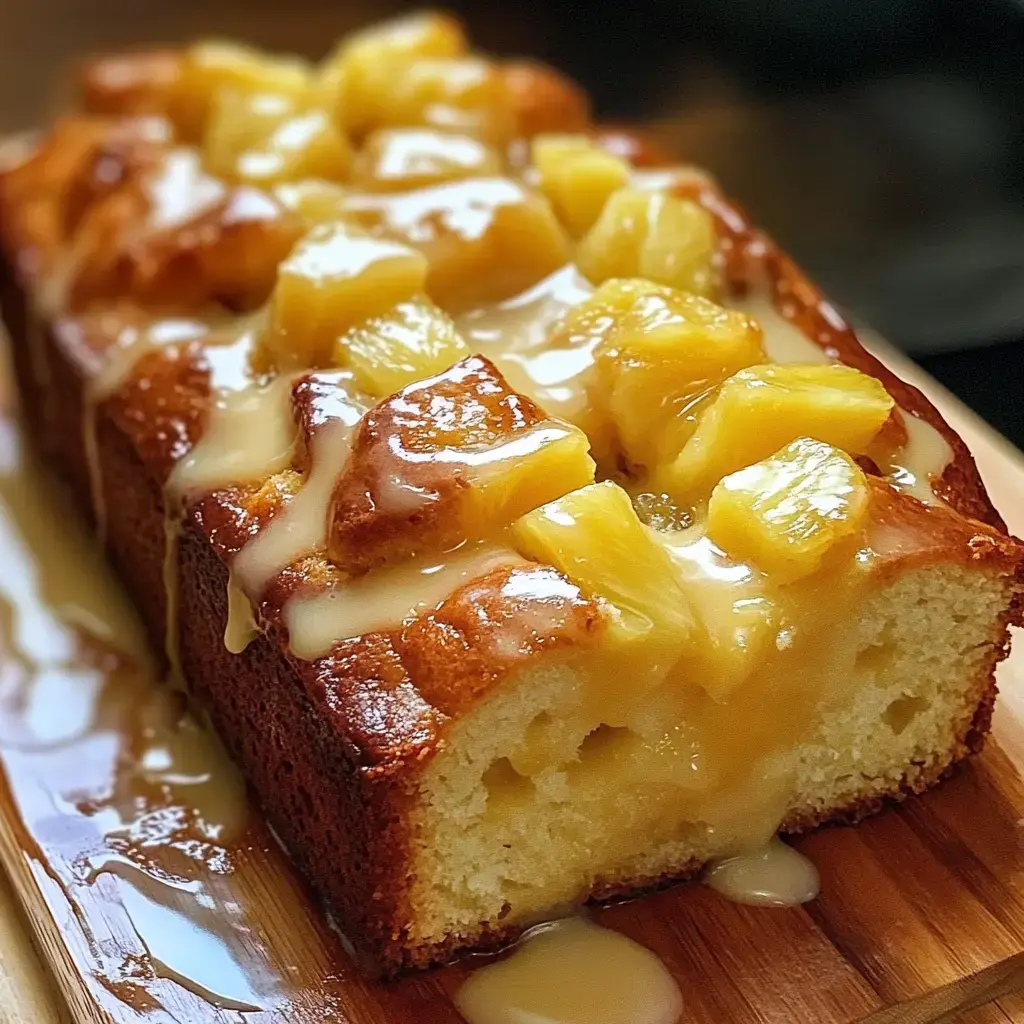 Loaf cake with golden pineapple chunks and a drizzle of creamy glaze on top.