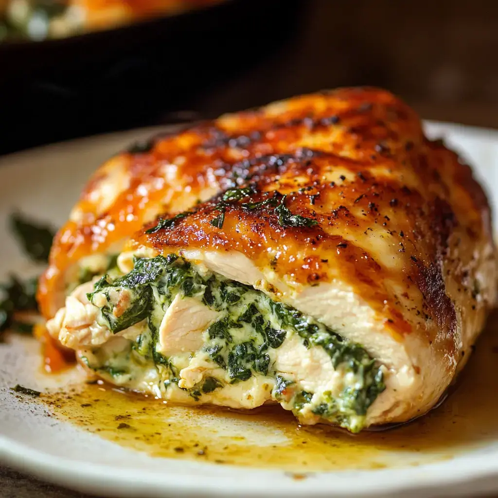 A slice of chicken breast cut open showing the gooey spinach, cheese, and herb filling inside, sitting on a plate with sauce drizzled around it.