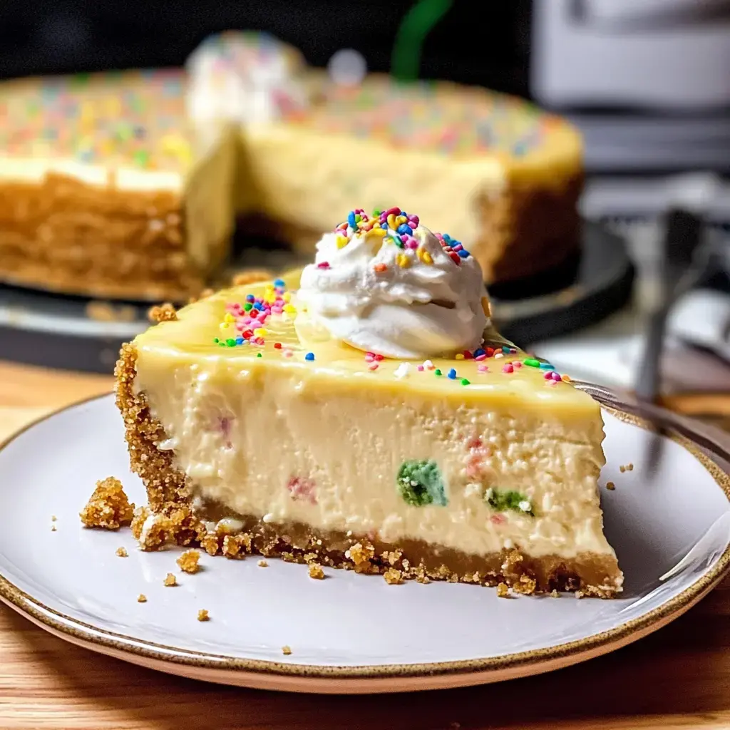 On a plate, there's a slice of super colorful cheesecake covered in whipped cream and sprinkles, and you can see the rest of the cake in the background.