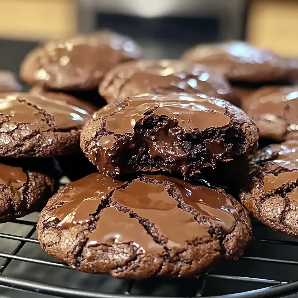 Freshly baked chocolate cookies up close, with one bitten showing off a melty chocolate inside.