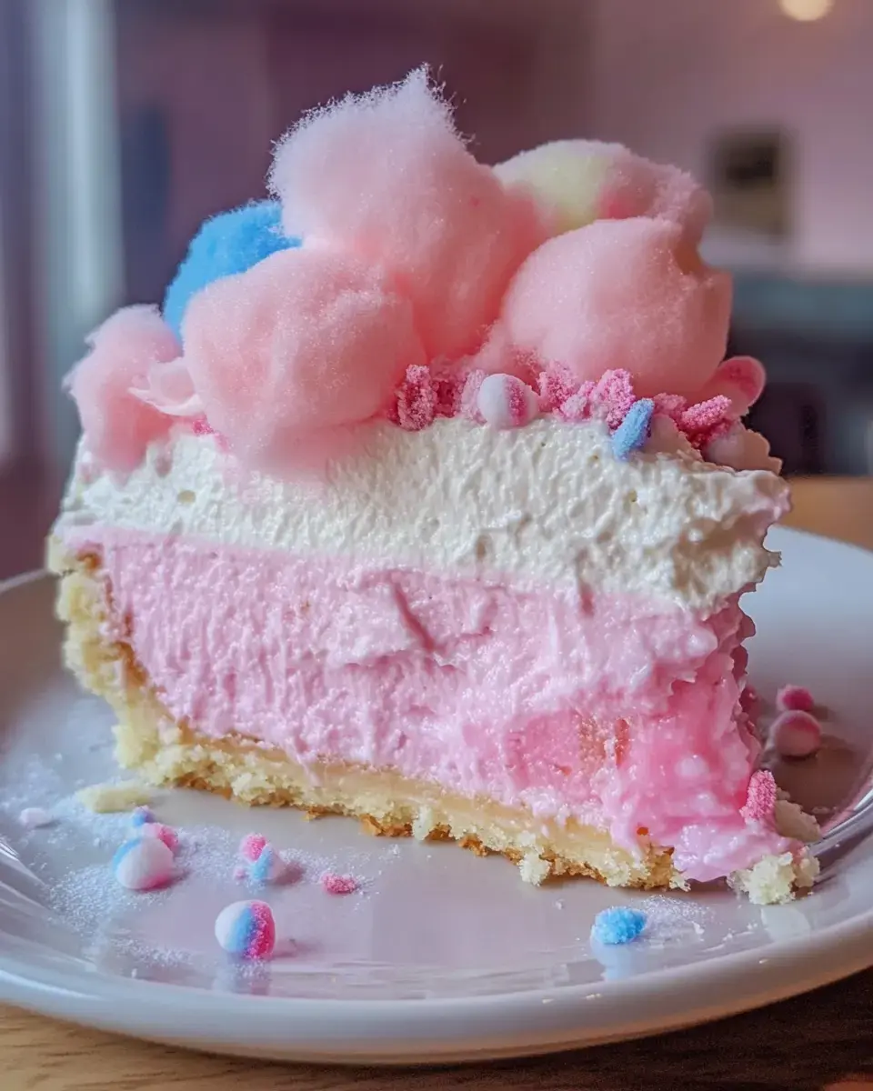 Bright and colorful cheesecake slice topped with fluffy cotton candy and cheerful sprinkles on a plate.
