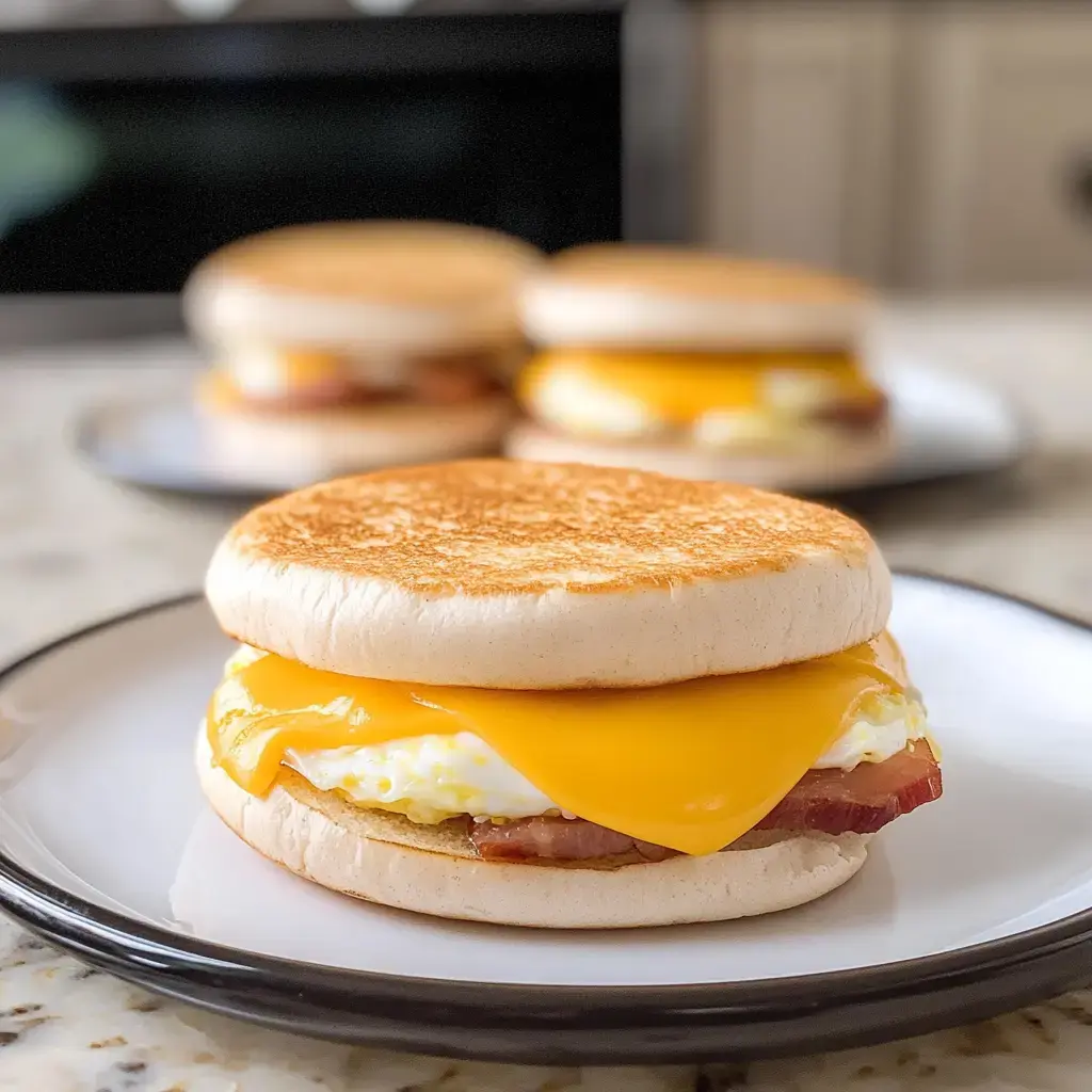 A golden-brown English muffin packed with a perfectly cooked egg, crispy bacon, and dripping cheddar cheese sits on a plate, with additional sandwiches visible nearby.