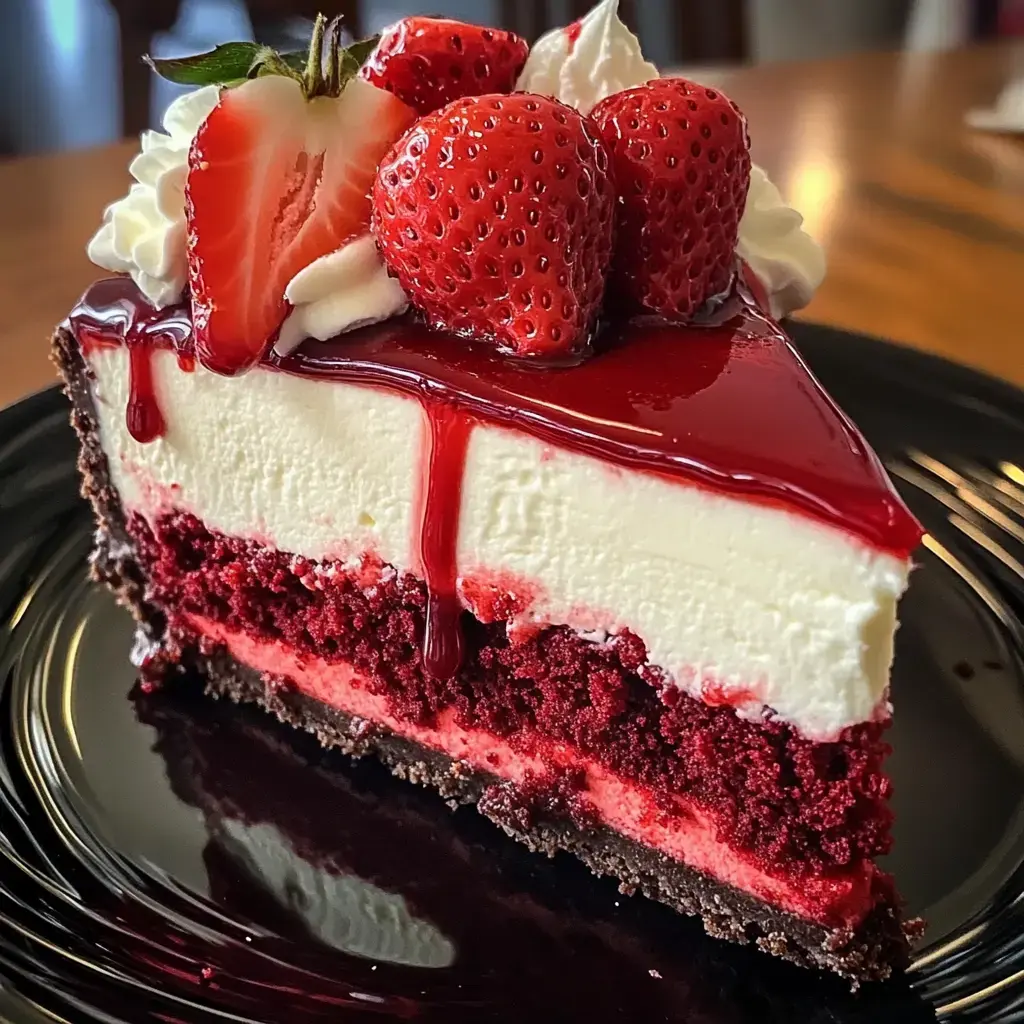 A piece of red velvet cheesecake with strawberries, a dollop of whipped cream, and shiny glaze over it on a black plate.
