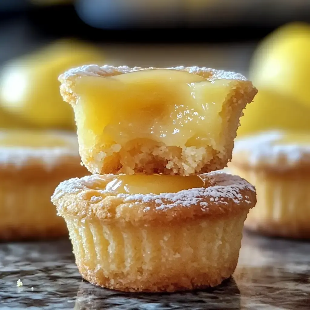 Close-up showing lemon curd in the center of a cookie cup, with half of one resting on top to reveal the gooey inside.