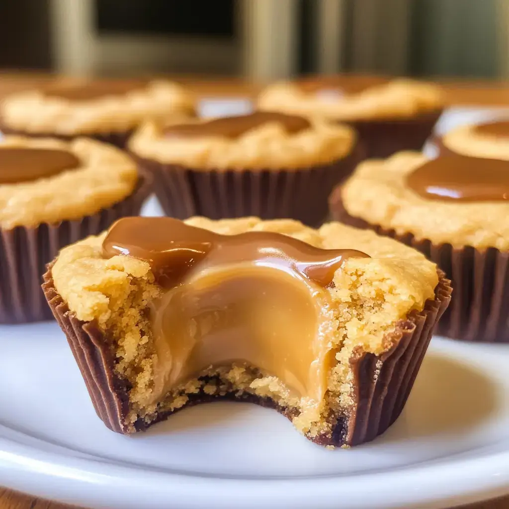 You can see a cookie cup with a caramel center and a bite taken out, surrounded by a few more on a white plate.