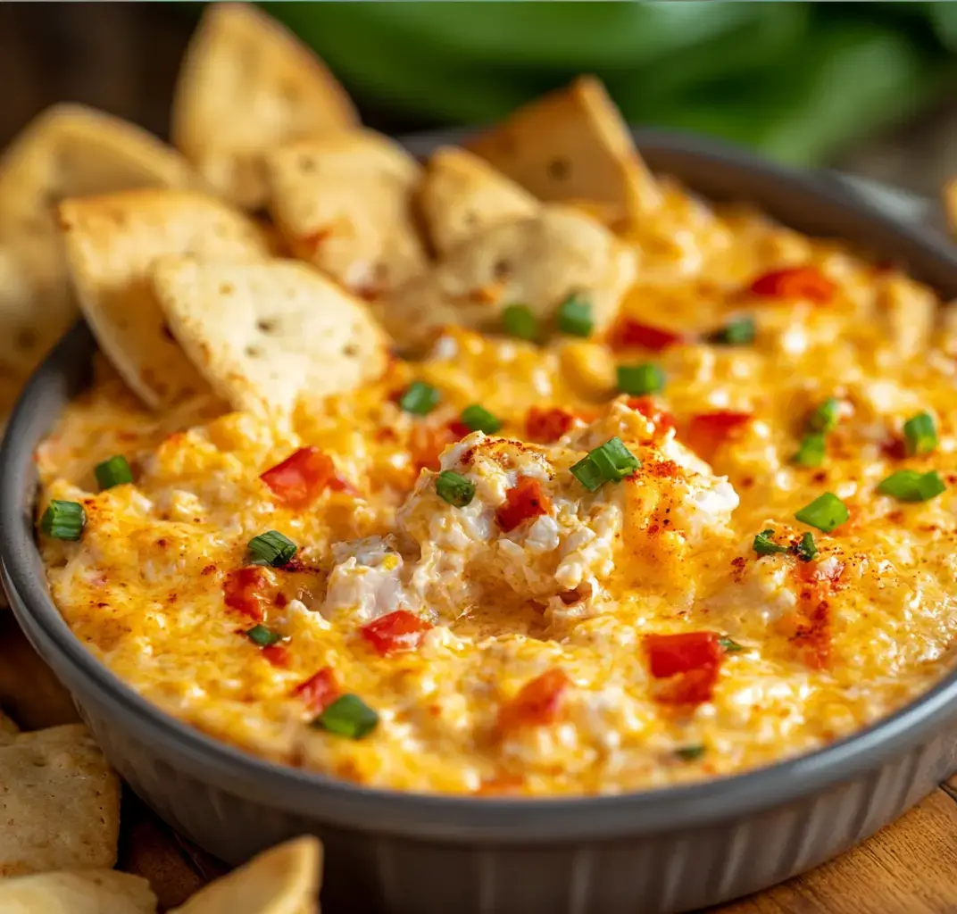 Cheesy, creamy dip with chopped tomatoes and green onions in a dish, plus crunchy tortilla chips on the side.