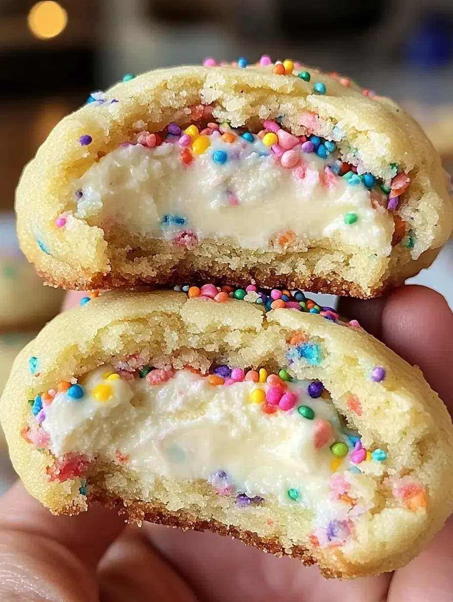 A hand holds a split cookie showing creamy middle and lots of bright sprinkles.