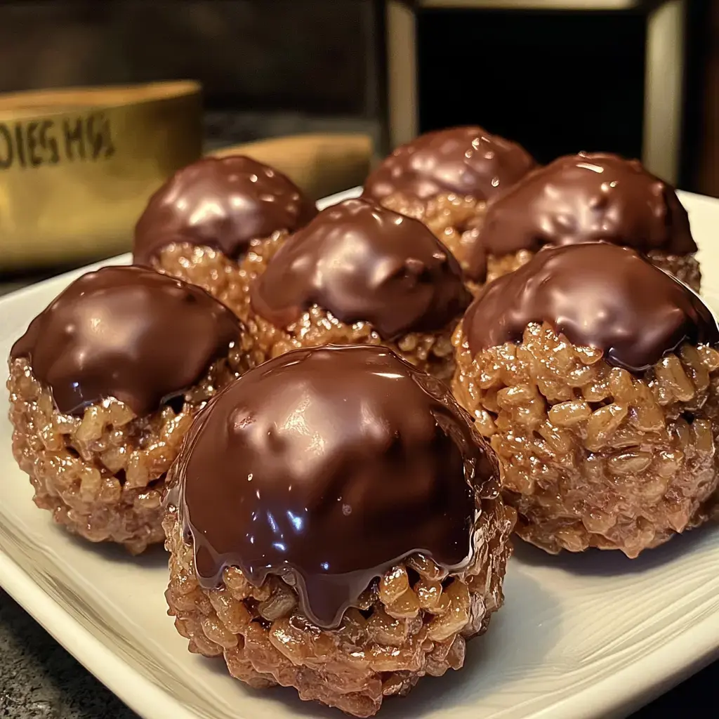 Chocolate-covered little cereal balls on a plate, topped with crunch.