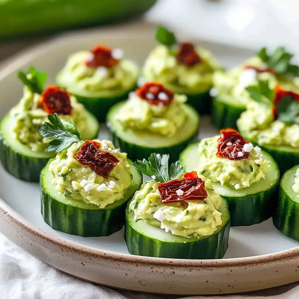 Round cucumber slices holding a creamy avocado topping, sun-dried tomatoes, and fresh herbs on a plate.