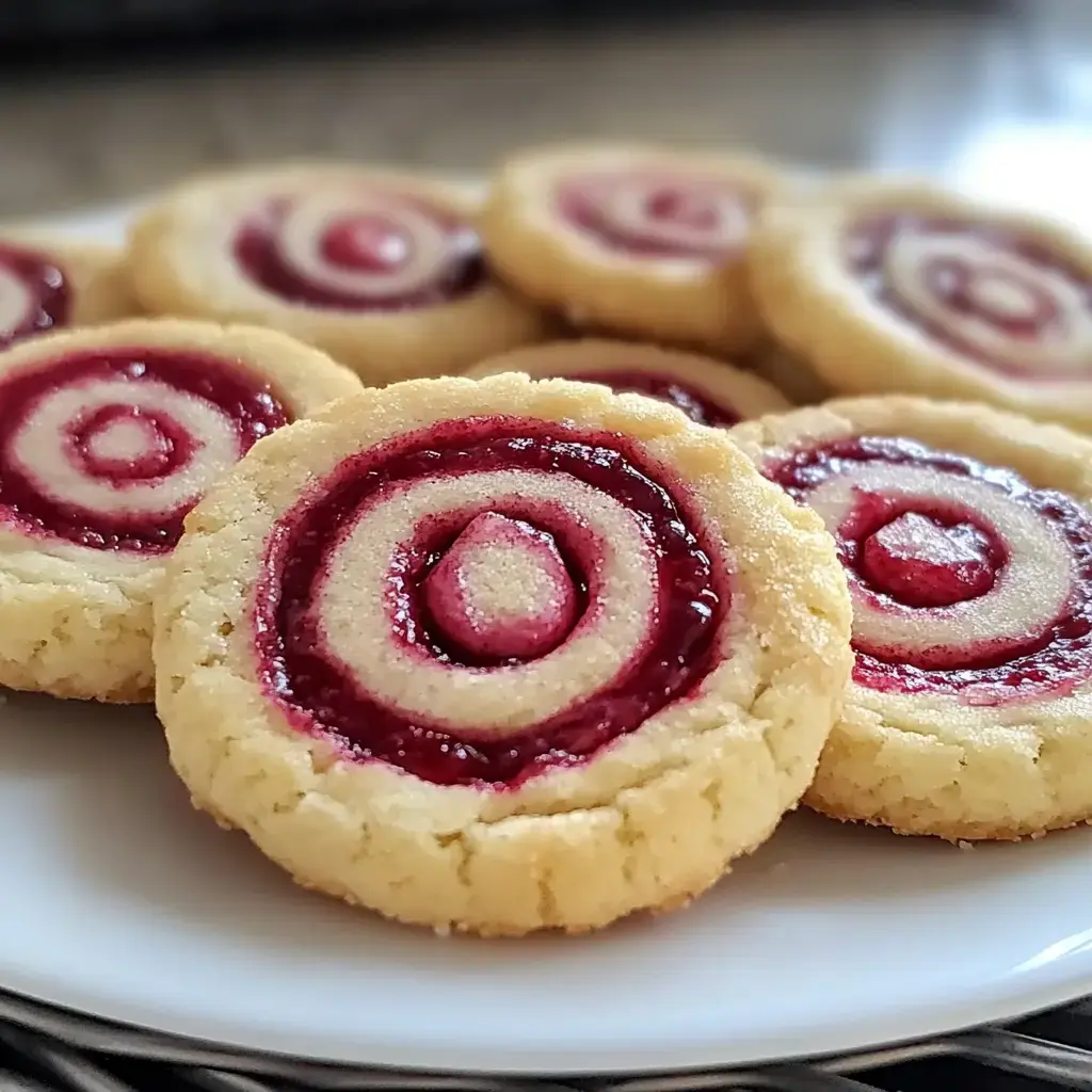 Round cookies with raspberry jam spirals sit on a simple white plate, all close together.