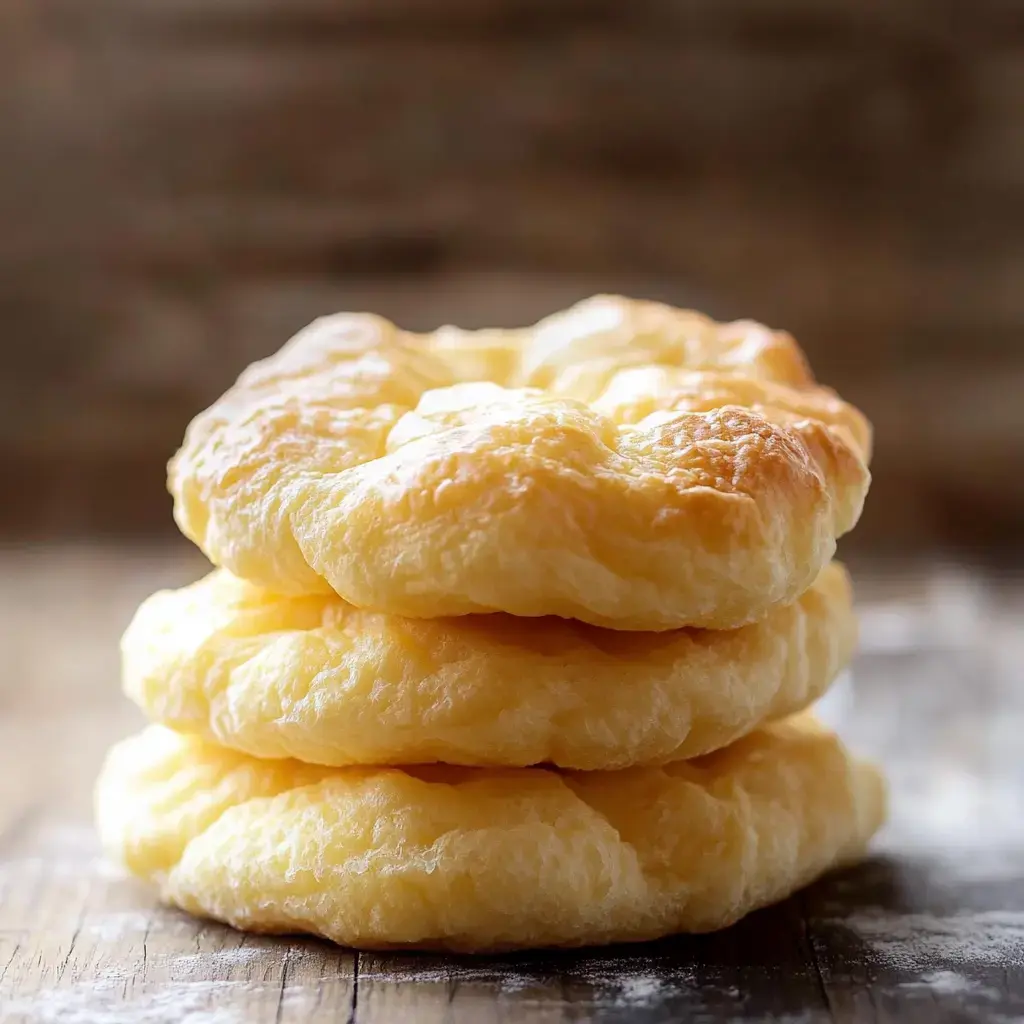 Three golden, puffy bread circles stacked on a wooden board.