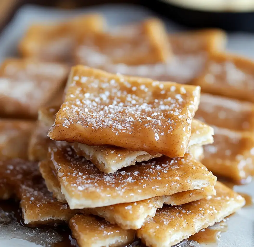 Zoomed-in shot of sweet, caramel-glazed saltines dusted with sugar, stacked up and glistening.
