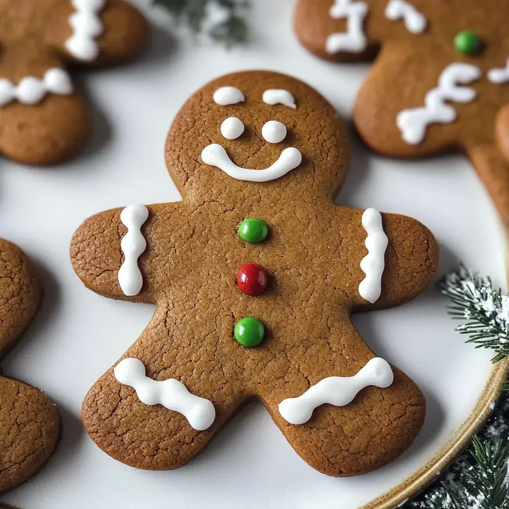 A smiling gingerbread man cookie decked out with colorful icing details.