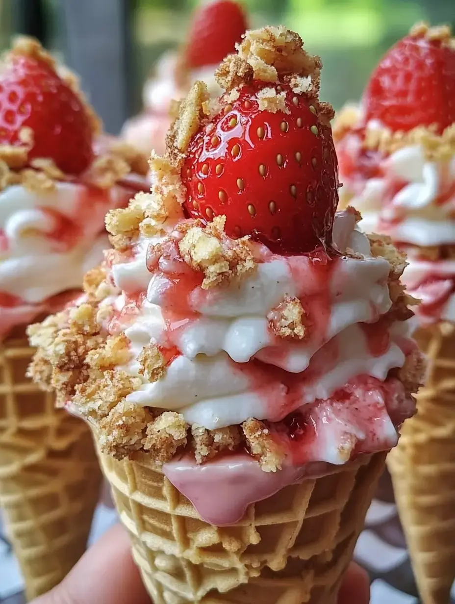 Close shot of an ice cream cone loaded with whipped cream, strawberry syrup, crumbly bits, and a juicy berry.
