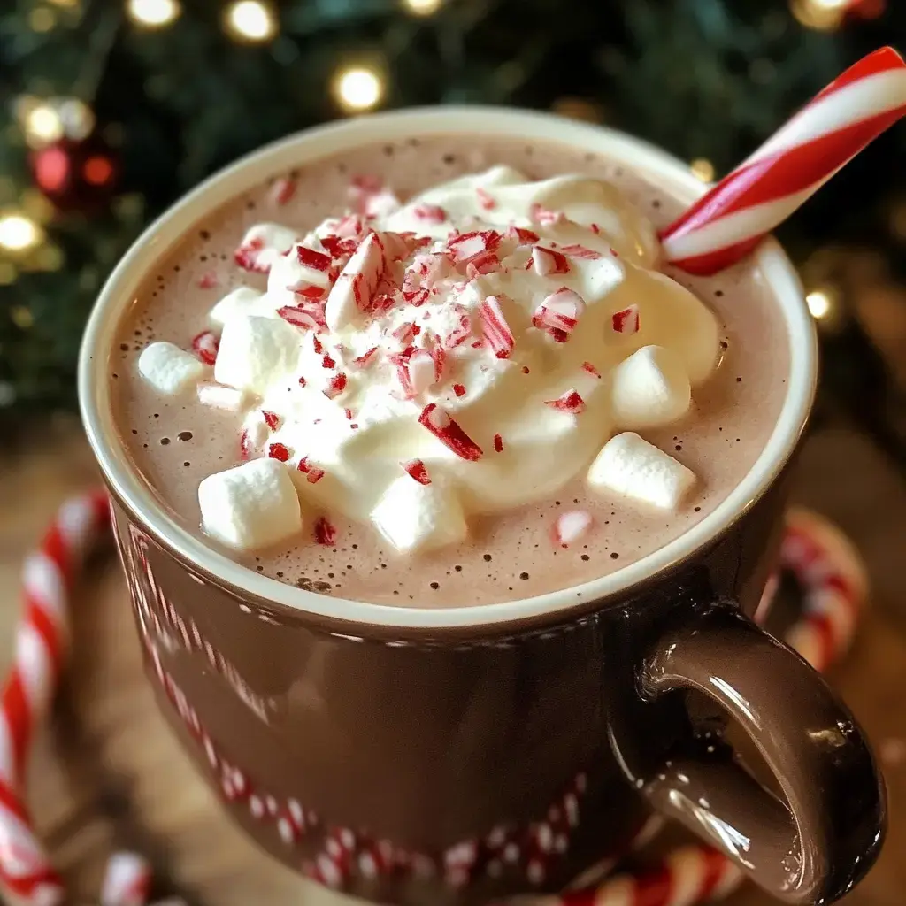 A mug of rich hot chocolate, topped with a swirl of whipped cream, bits of candy cane, marshmallows, and festive touches all around.
