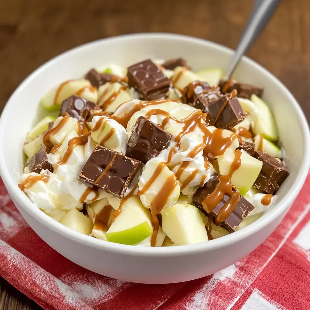 Sliced green apples, fluffy whipped topping, bits of chocolate, and caramel drizzled in a big bowl.