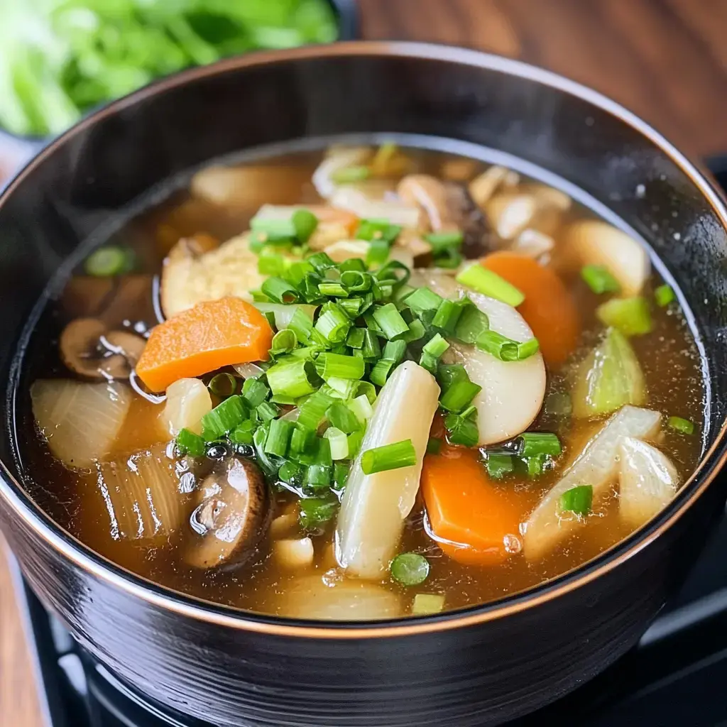 Zoomed in on a veggie-packed soup bowl with green onions scattered on top, set against a fuzzy green backdrop.