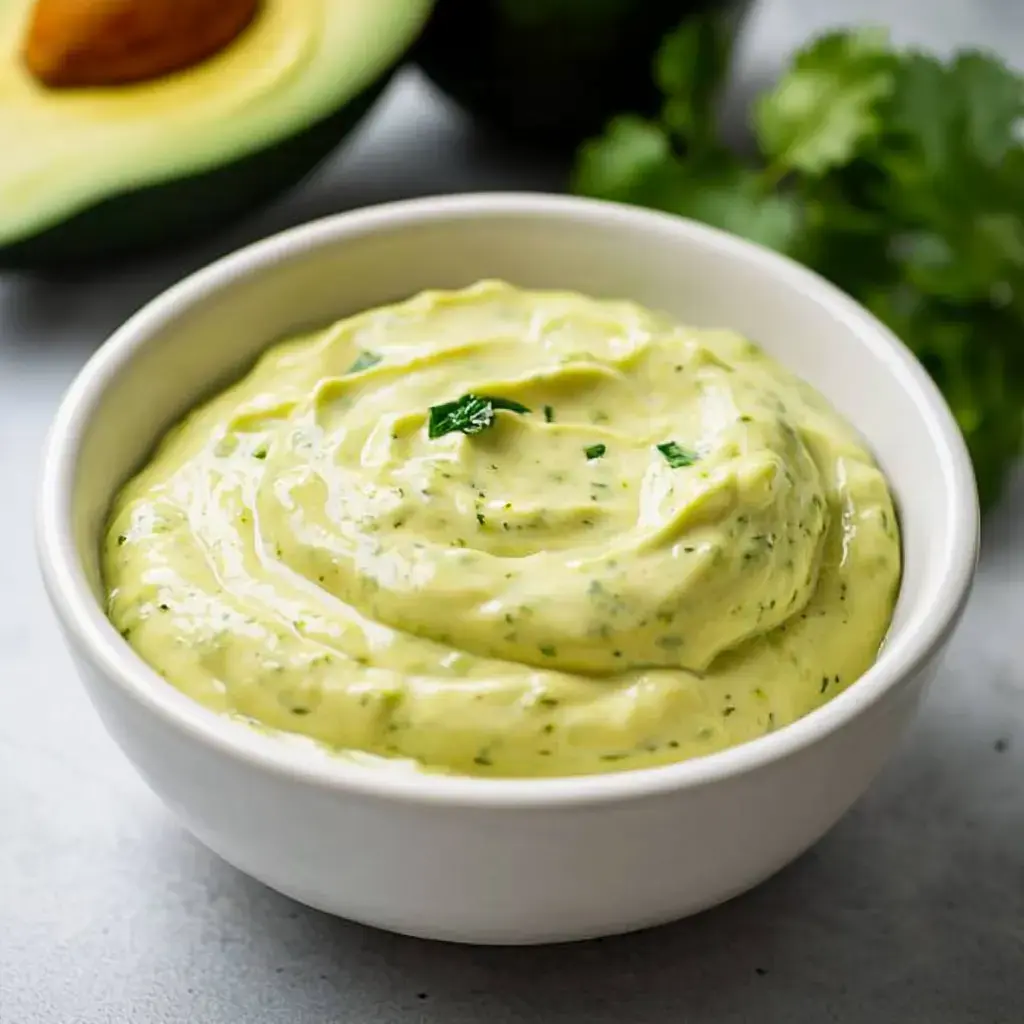 A bowl of smooth green dip sits ready to serve with some fresh cilantro sprigs and half an avocado nearby.