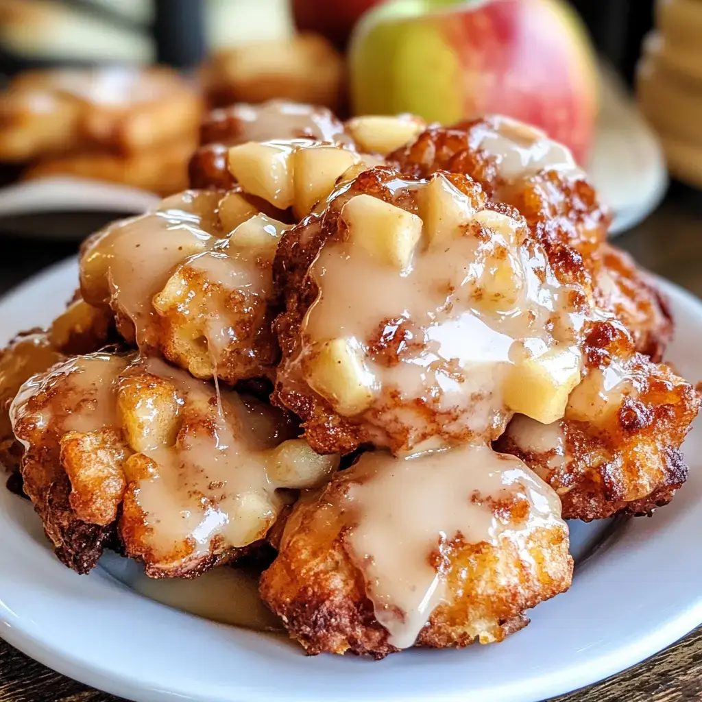 Golden-baked apple fritters on a white plate, drizzled in creamy glaze with a pile of diced apples on top.