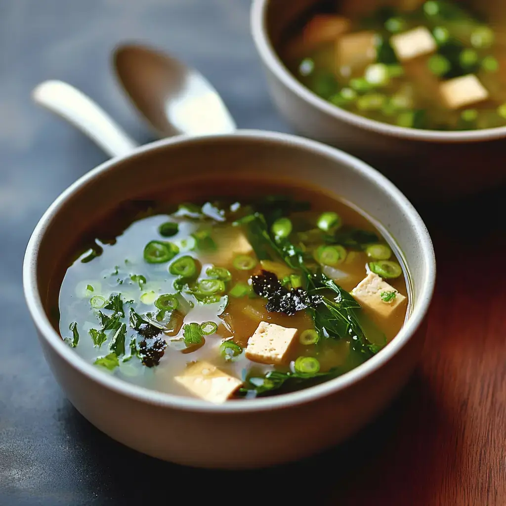 Two bowls of steaming soup with chunks of tofu, green onions, seaweed pieces, and leafy greens sitting on a wooden table.