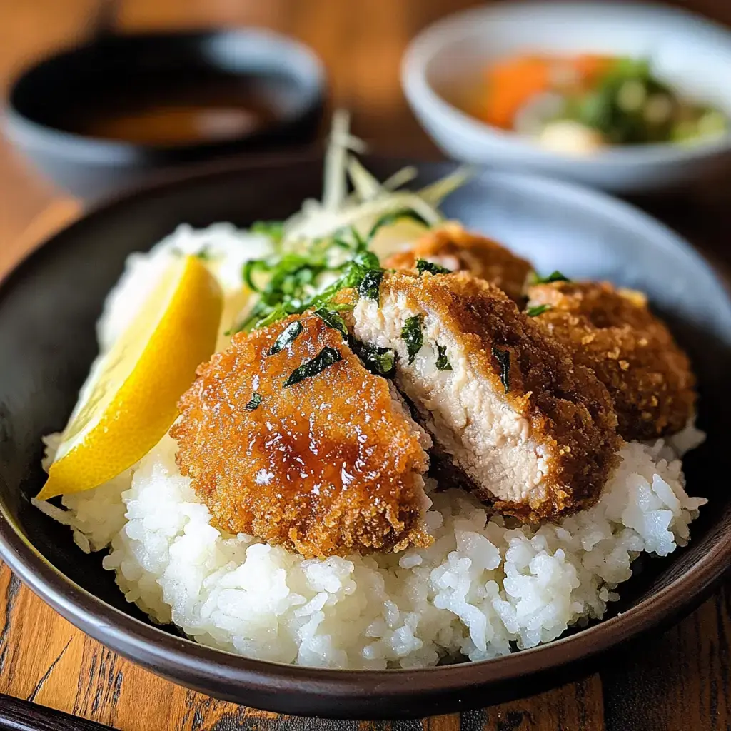 Crispy fried chicken cutlet sits on fluffy rice with a lemon slice and fresh herbs on top.