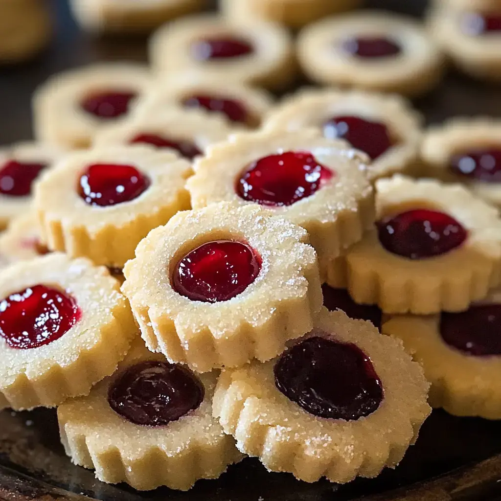 Some round shortbreads in a pile, close up, each with a bit of red cherry in the middle.