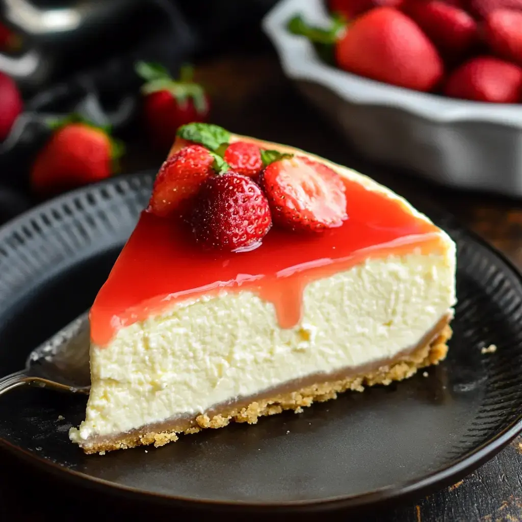 A wedge of cheesecake garnished with bright strawberries and shiny red sauce, on a dark dish with extra berries scattered nearby.