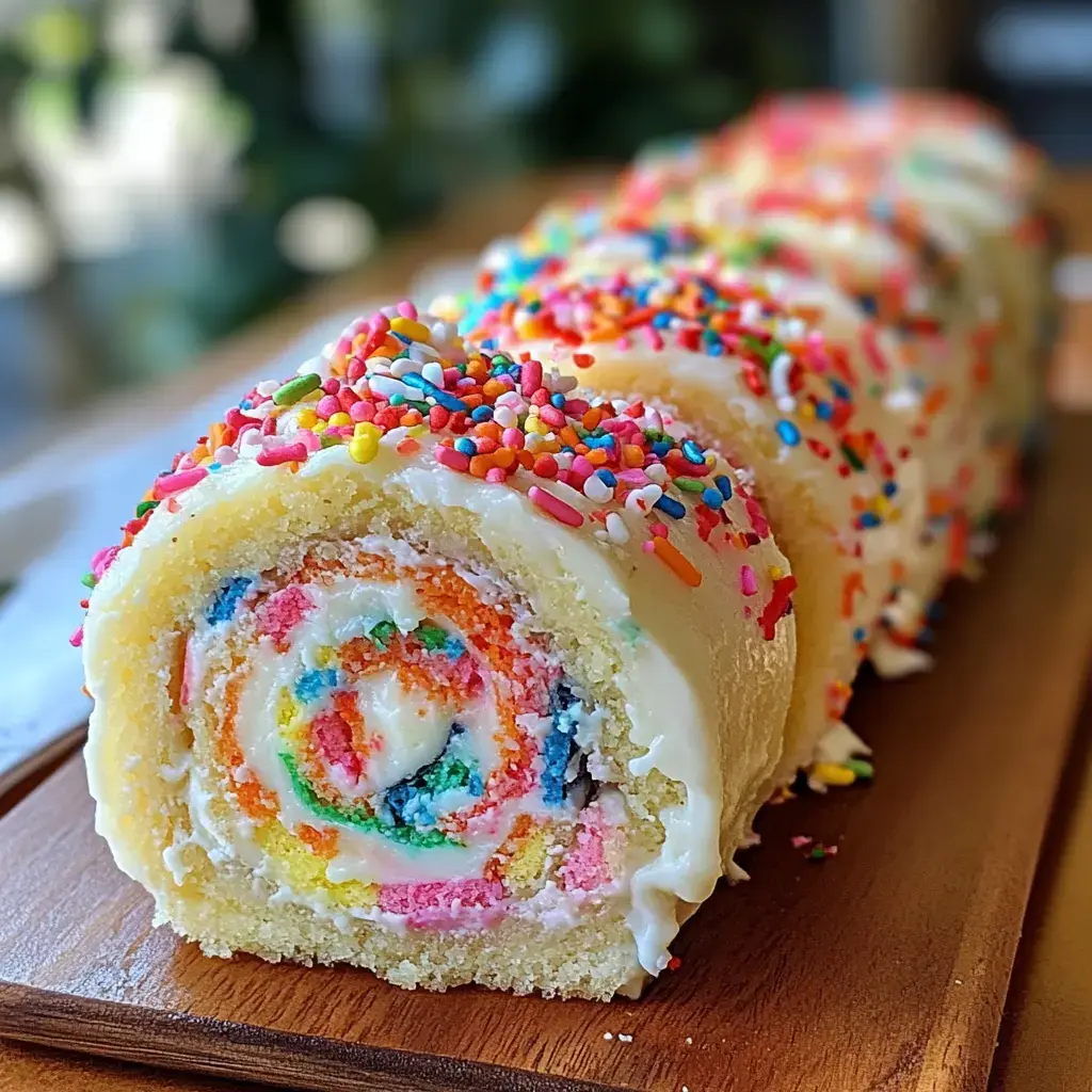 This fun roll has bold sprinkles and a twirl of pink, blue, and orange inside, shown on a wooden tray.