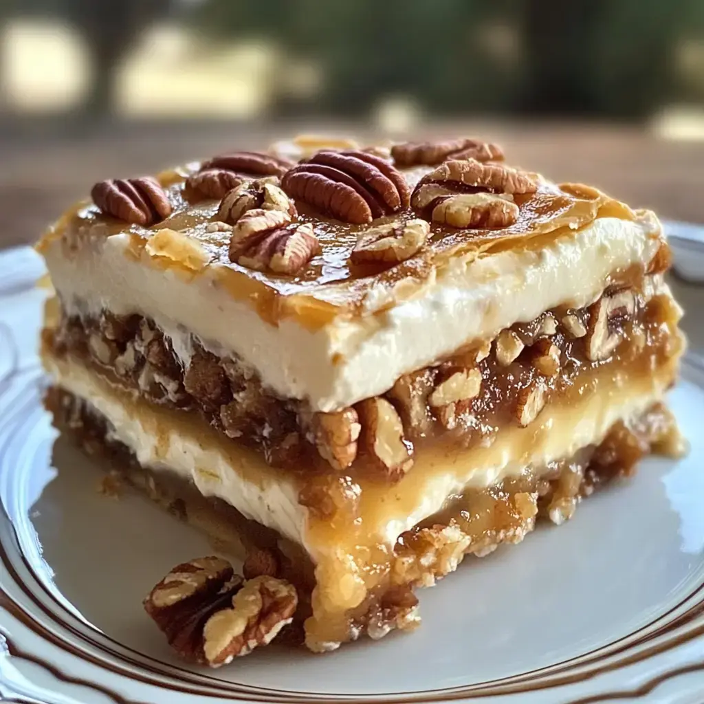 A fancy plate holds a slice showing layers of cream, sticky caramel, and pecans up close.