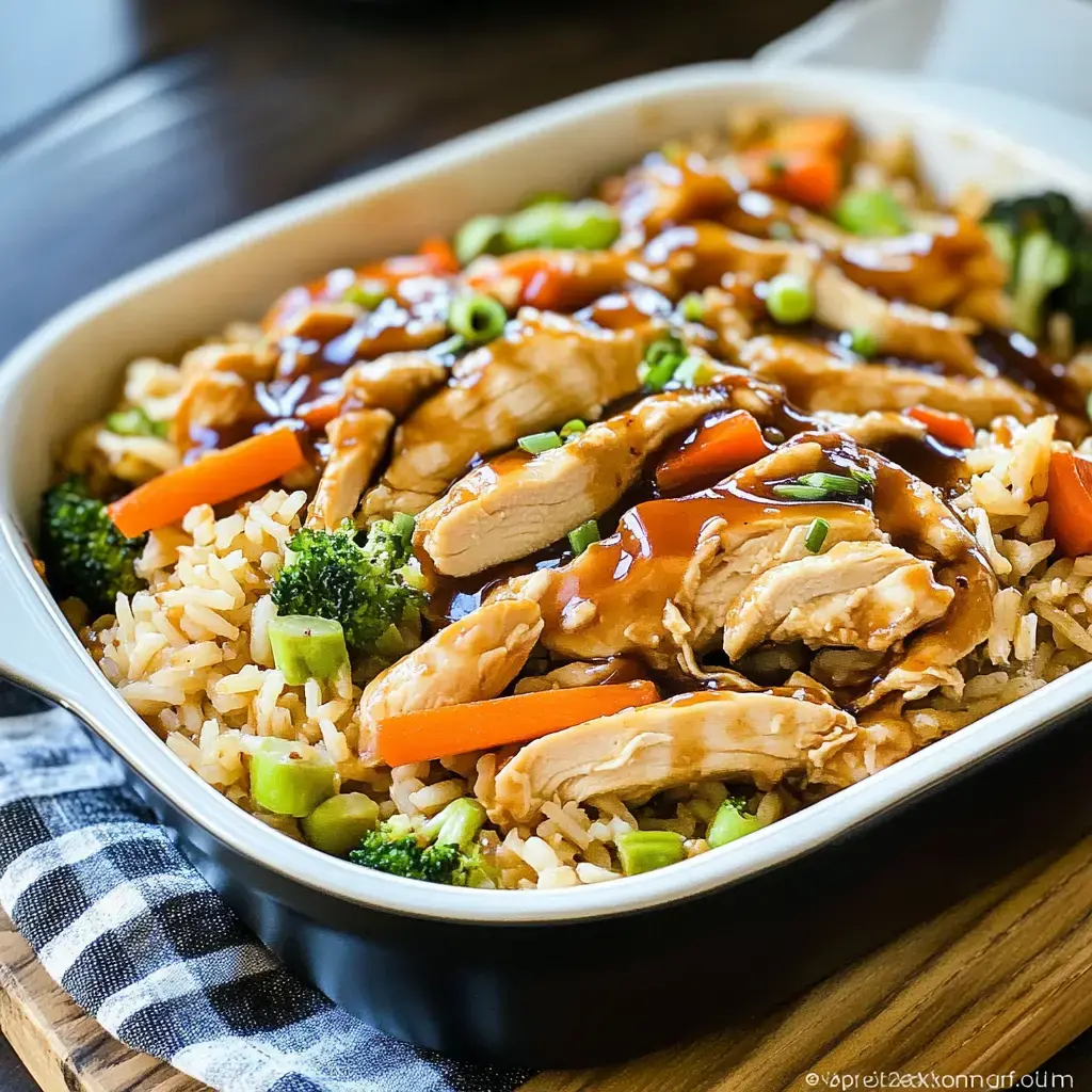 A vibrant bowl showing soft rice crowned with juicy chicken pieces, broccoli, and carrots, all covered in a rich, savory sauce.