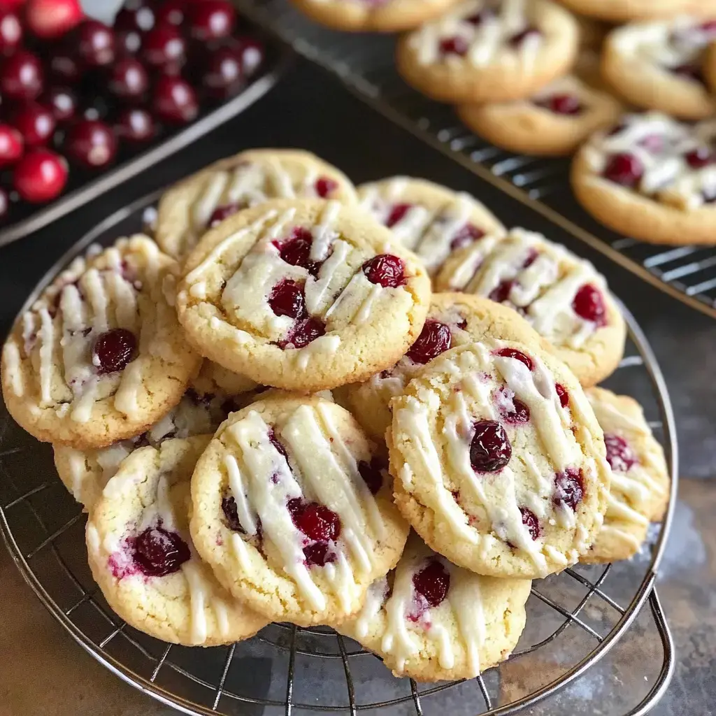Loads of cranberry cookies covered in icing are piled on a wire rack, with some fresh cranberries and extra cookies hanging out in the back.
