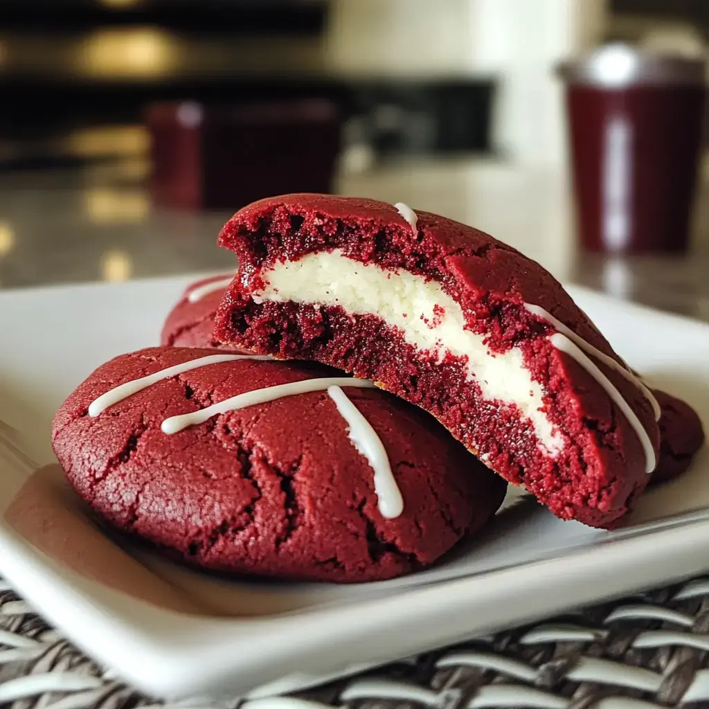 Plate stacked with red velvet cookies stuffed with creamy white filling, one split apart to show the gooey inside.