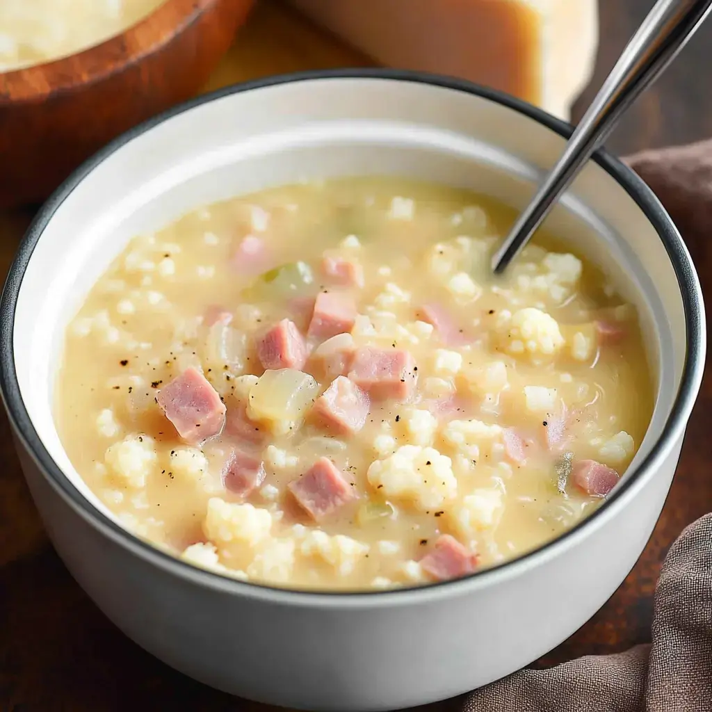 A close-up of a warm bowl with chunks of ham, cauliflower, and veggies. A spoon leans inside.