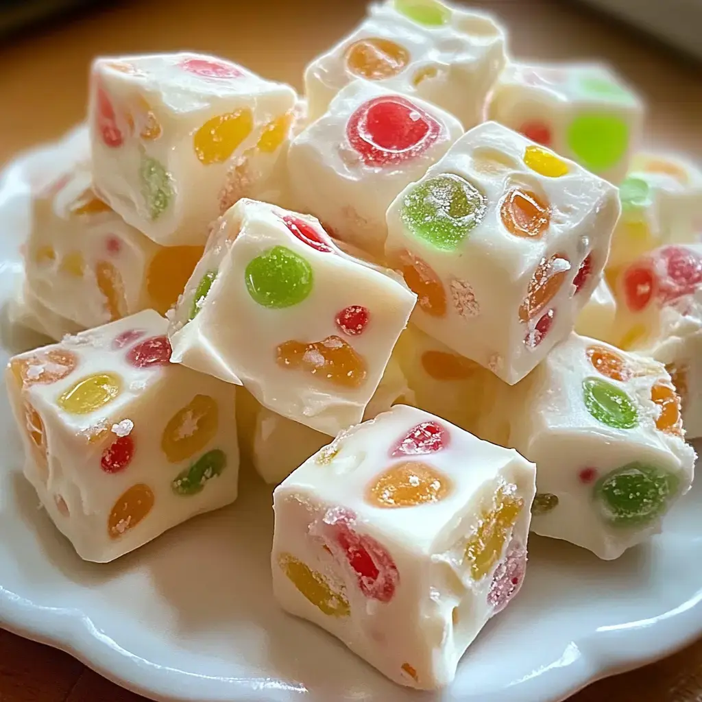 Bright cubes of jelly packed in a creamy white layer, all stacked on a plate up close.