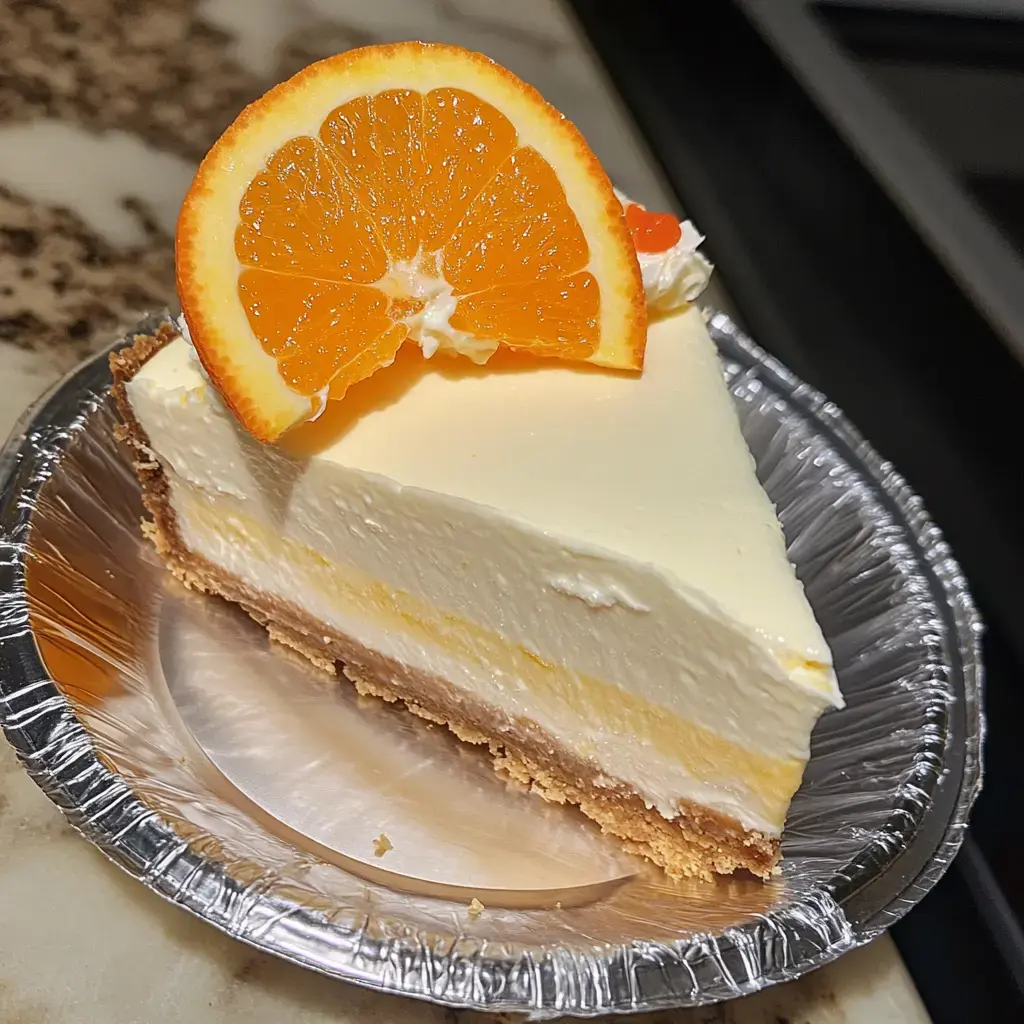 Creamy chilled cheesecake wedge with a fresh orange slice on top in a silver pie pan.