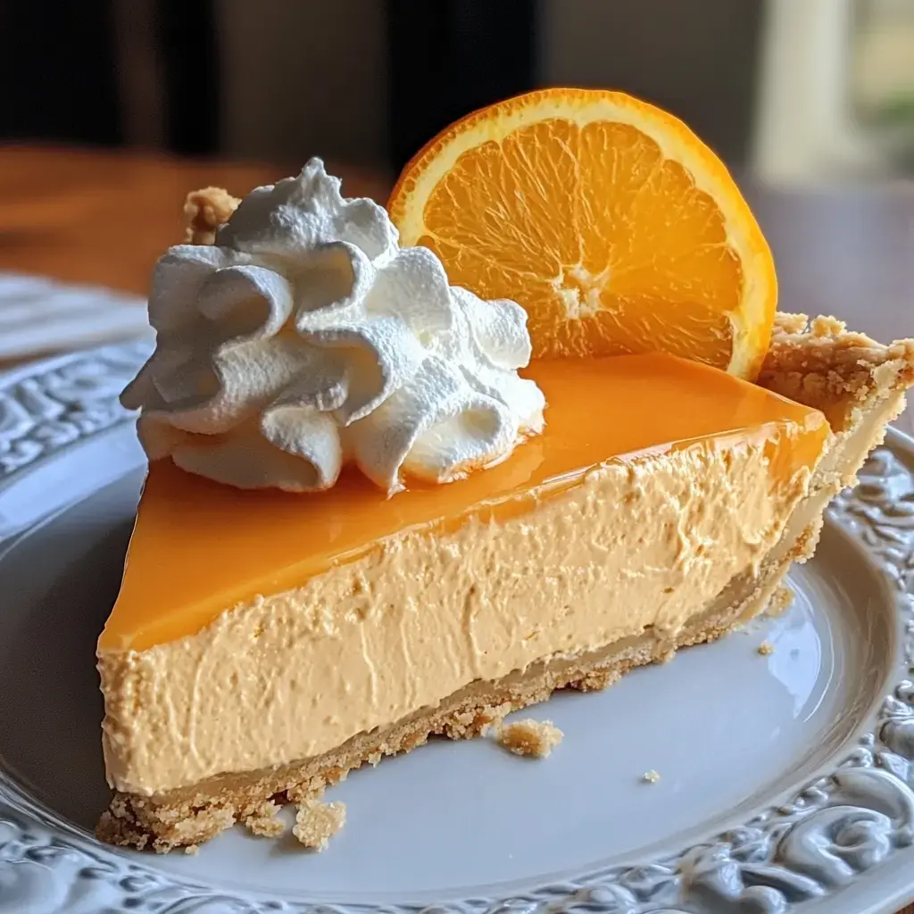 Whipped cream and an orange wedge sit on a creamy pie slice on a fancy plate.